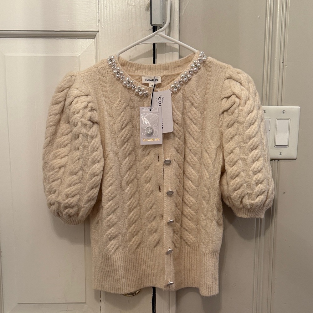 Sugarlips Pearl-Embellished Cream Cardigan size small